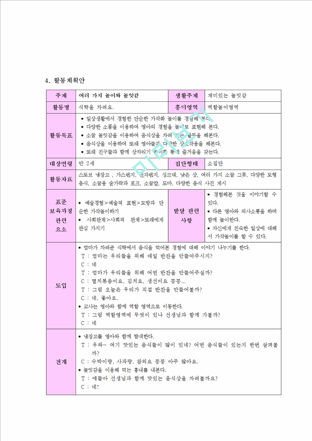 1000원][역할놀이 모의수업 지도안] 만2세 아동 대상 모의수업 지도안 ( 주제  여러 가지 놀이와 놀잇감).hwp